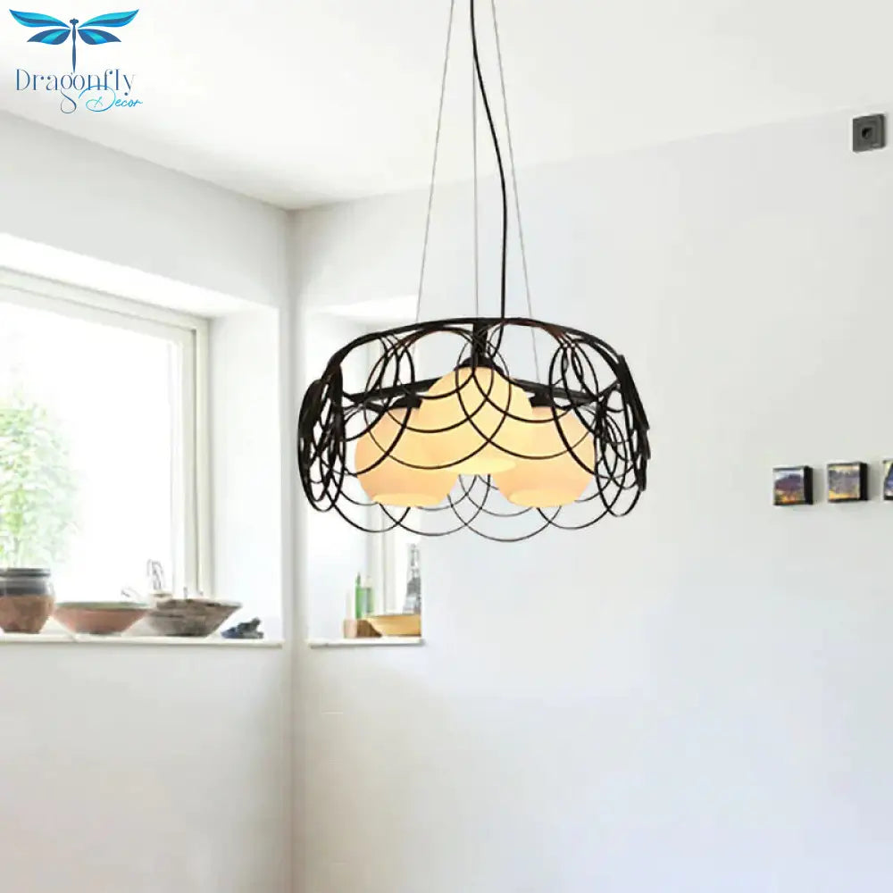 Retro Spherical Hanging Chandelier 3 Bulbs Milky Glass Down Lighting Pendant In Black With Round