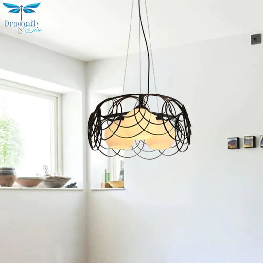 Retro Spherical Hanging Chandelier 3 Bulbs Milky Glass Down Lighting Pendant In Black With Round