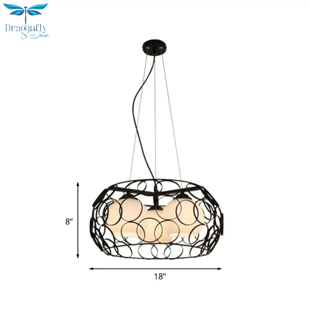 Retro Spherical Hanging Chandelier 3 Bulbs Milky Glass Down Lighting Pendant In Black With Round