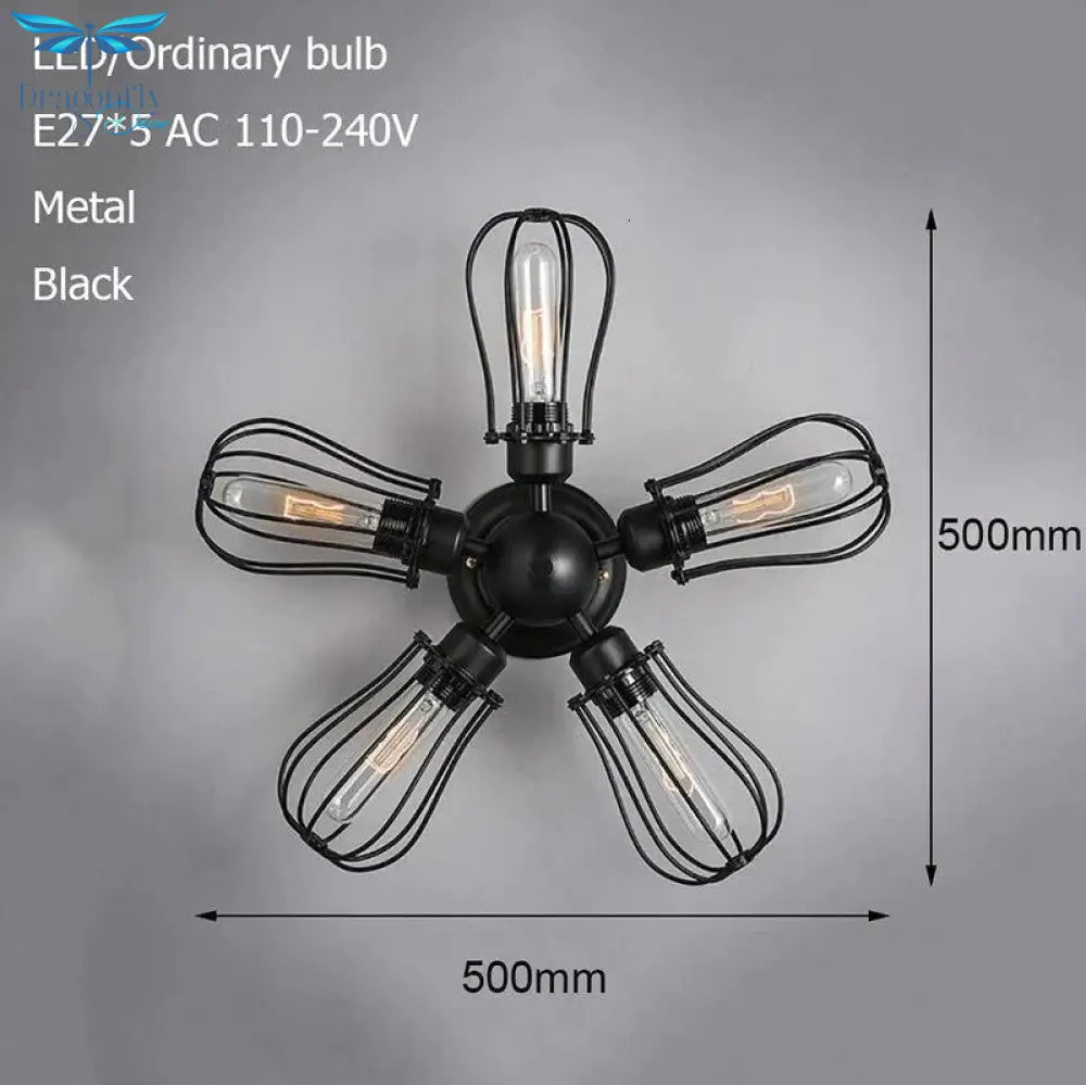 Retro Vintage Black 5 Lights Grln Ceiling E27 Lamp Fixtures For Home Bedroom/Living Room/Bar/Cafe