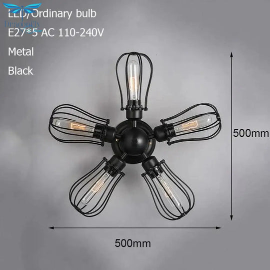 Retro Vintage Black 5 Lights Grln Ceiling E27 Lamp Fixtures For Home Bedroom/Living Room/Bar/Cafe