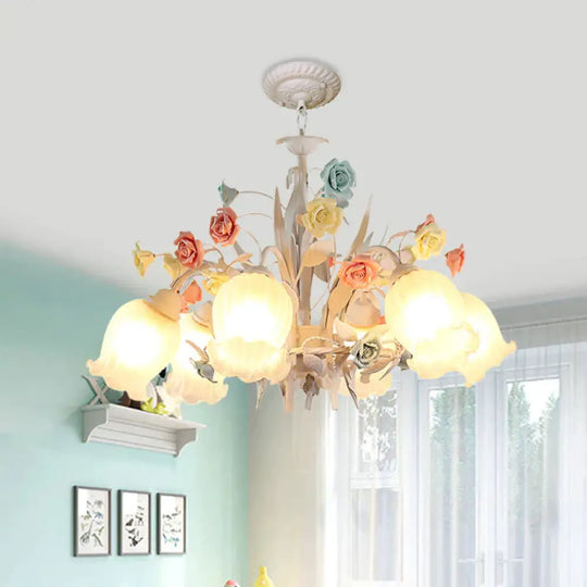 Ribbed Glass White Chandelier Semi - Open Flower 3/6 Bulbs Korean Garden Hanging Ceiling Light 6 /