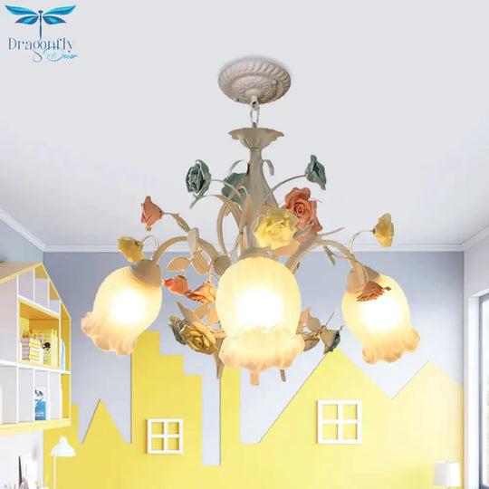 Ribbed Glass White Chandelier Semi - Open Flower 3/6 Bulbs Korean Garden Hanging Ceiling Light