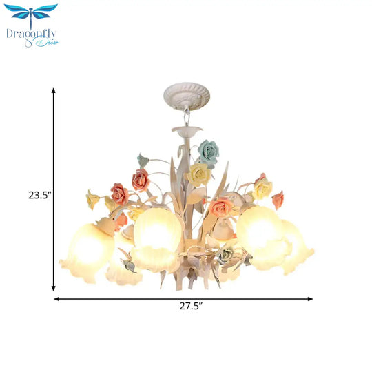 Ribbed Glass White Chandelier Semi - Open Flower 3/6 Bulbs Korean Garden Hanging Ceiling Light