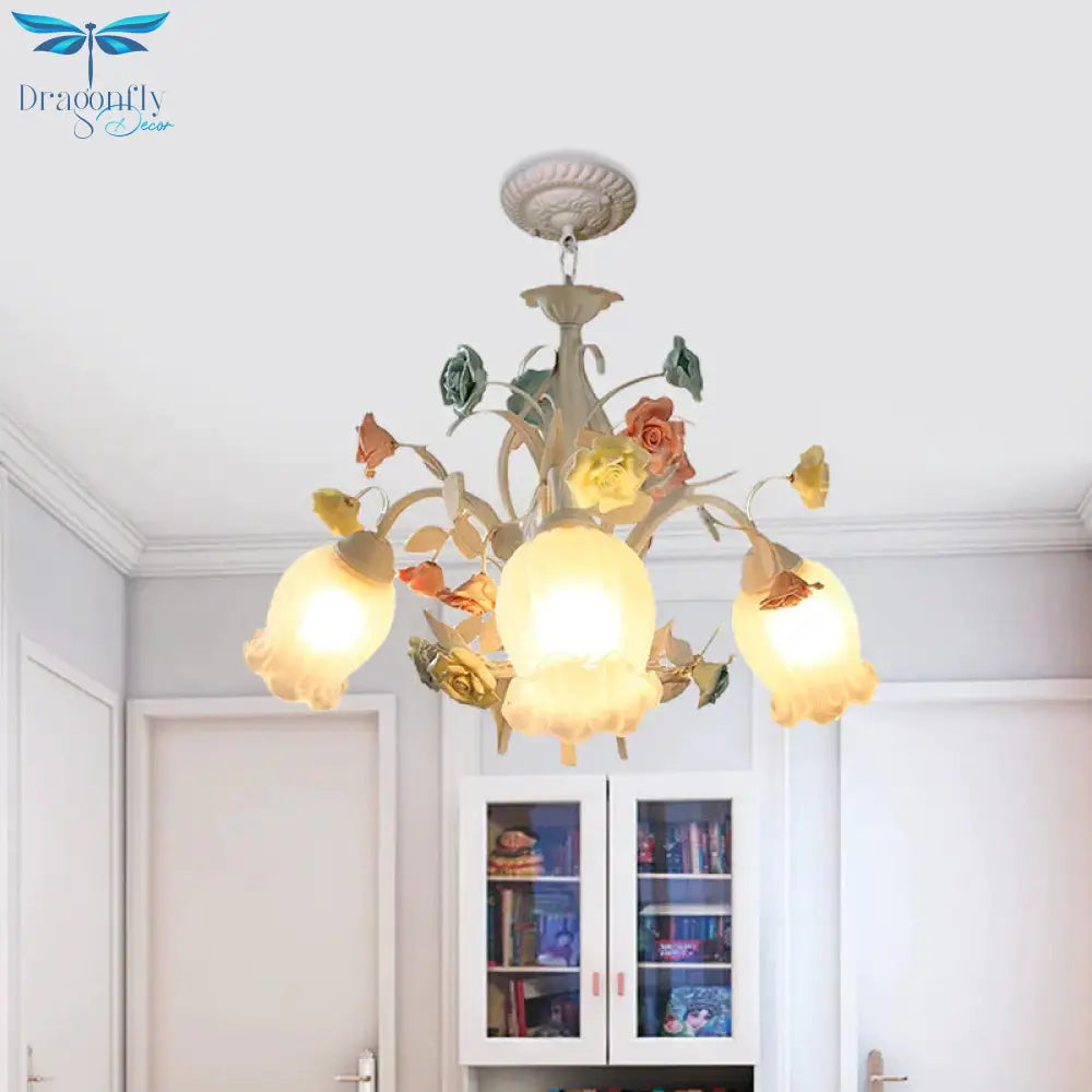 Ribbed Glass White Chandelier Semi - Open Flower 3/6 Bulbs Korean Garden Hanging Ceiling Light