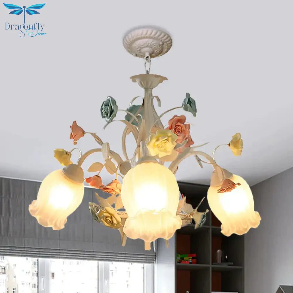 Ribbed Glass White Chandelier Semi - Open Flower 3/6 Bulbs Korean Garden Hanging Ceiling Light