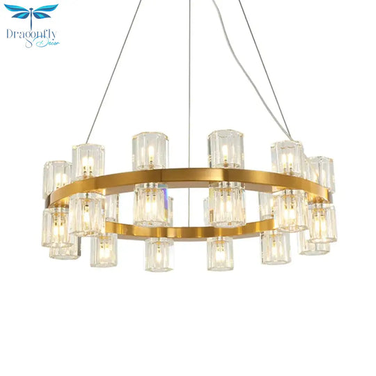 Ring Ridged Crystal Hanging Light Fixture Postmodern 24 Heads Bedroom Pendant Chandelier In Gold