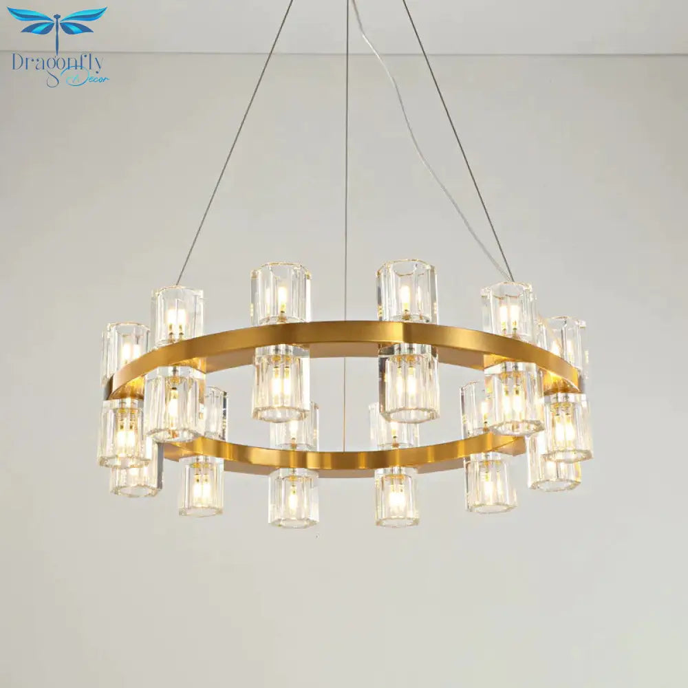 Ring Ridged Crystal Hanging Light Fixture Postmodern 24 Heads Bedroom Pendant Chandelier In Gold