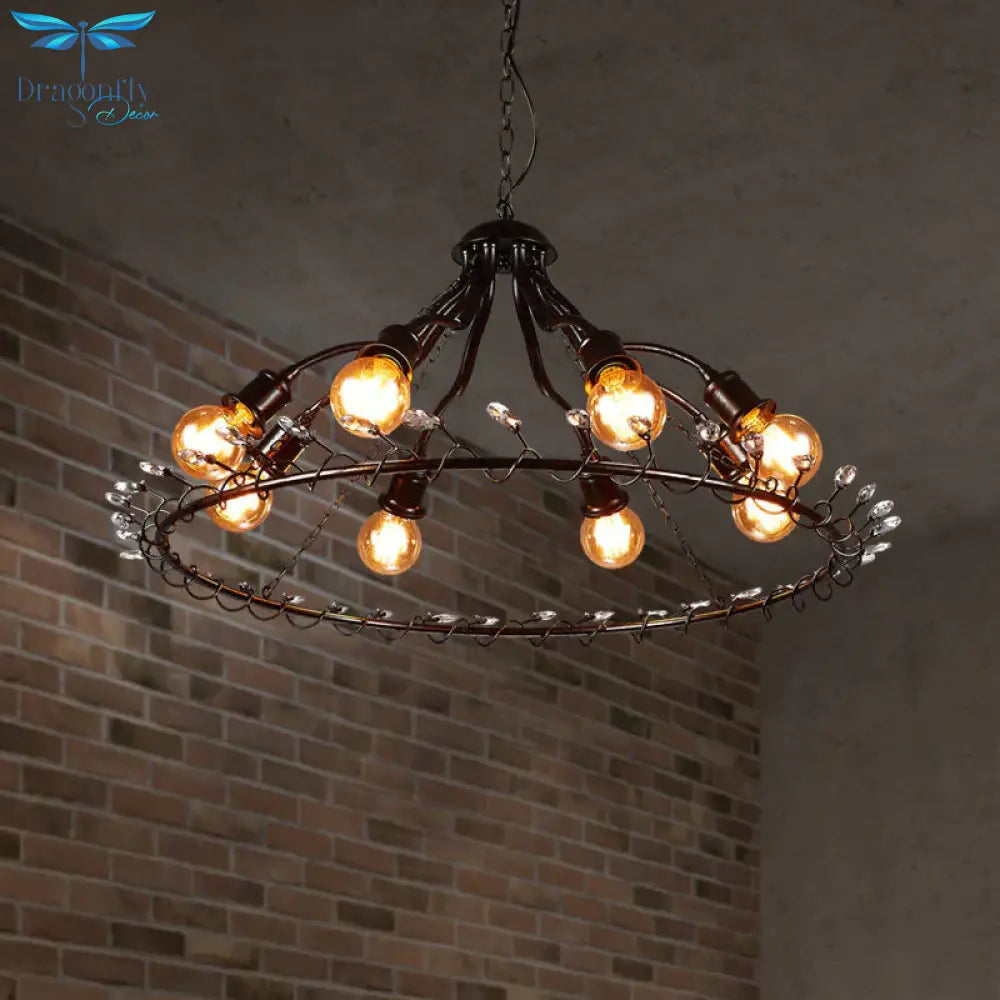 Ring Suspension Light With Clear Crystal Bead Retro Country 8 Lights Metallic Chandelier