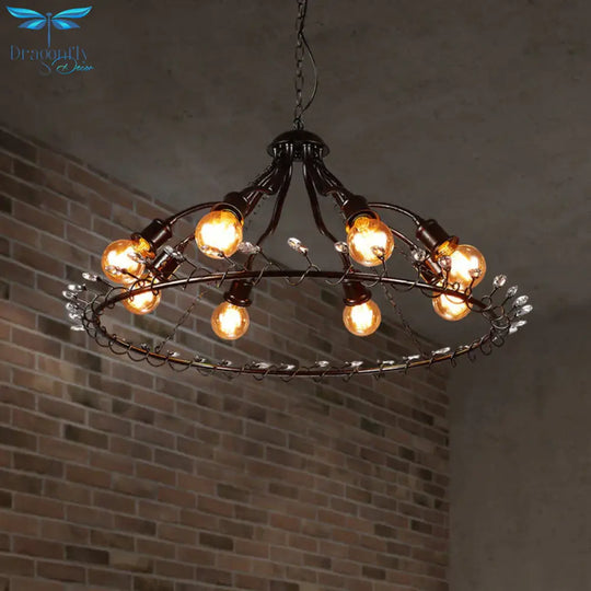 Ring Suspension Light With Clear Crystal Bead Retro Country 8 Lights Metallic Chandelier
