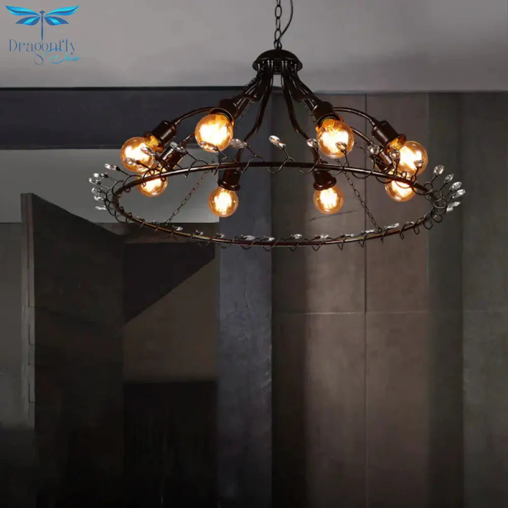 Ring Suspension Light With Clear Crystal Bead Retro Country 8 Lights Metallic Chandelier