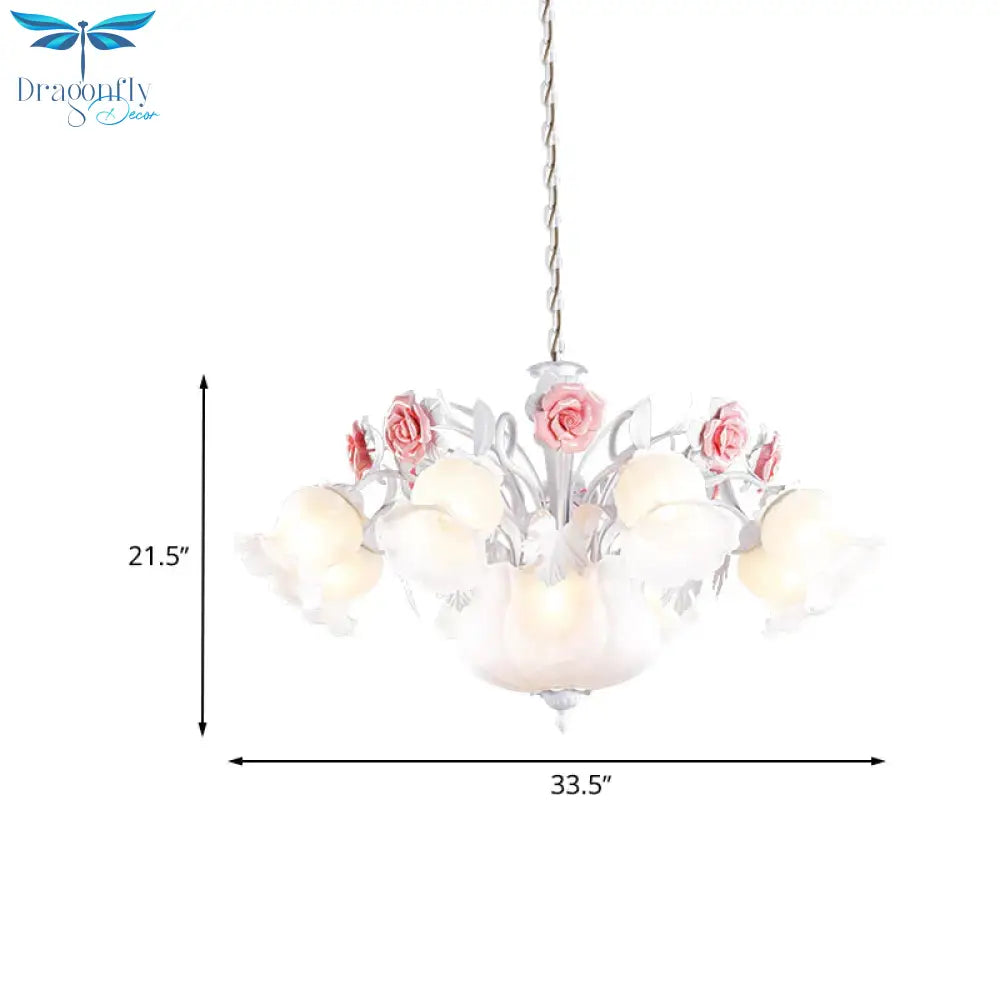 Romantic Pastoral Blossom Hanging Light 10 Lights White Glass Chandelier Lamp For Living Room