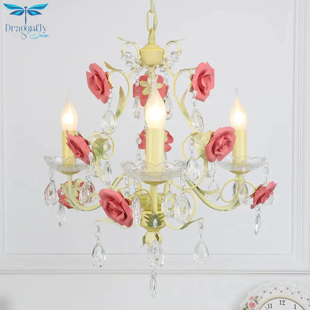 Romantic Pastoral Rose Swirl Vine Pendant 3 Heads Iron Chandelier Light In Beige With K9 Crystal