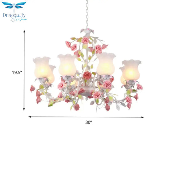Rose Living Room Ceiling Chandelier Pastoral White Glass 8 Heads Pink Hanging Light Fixture