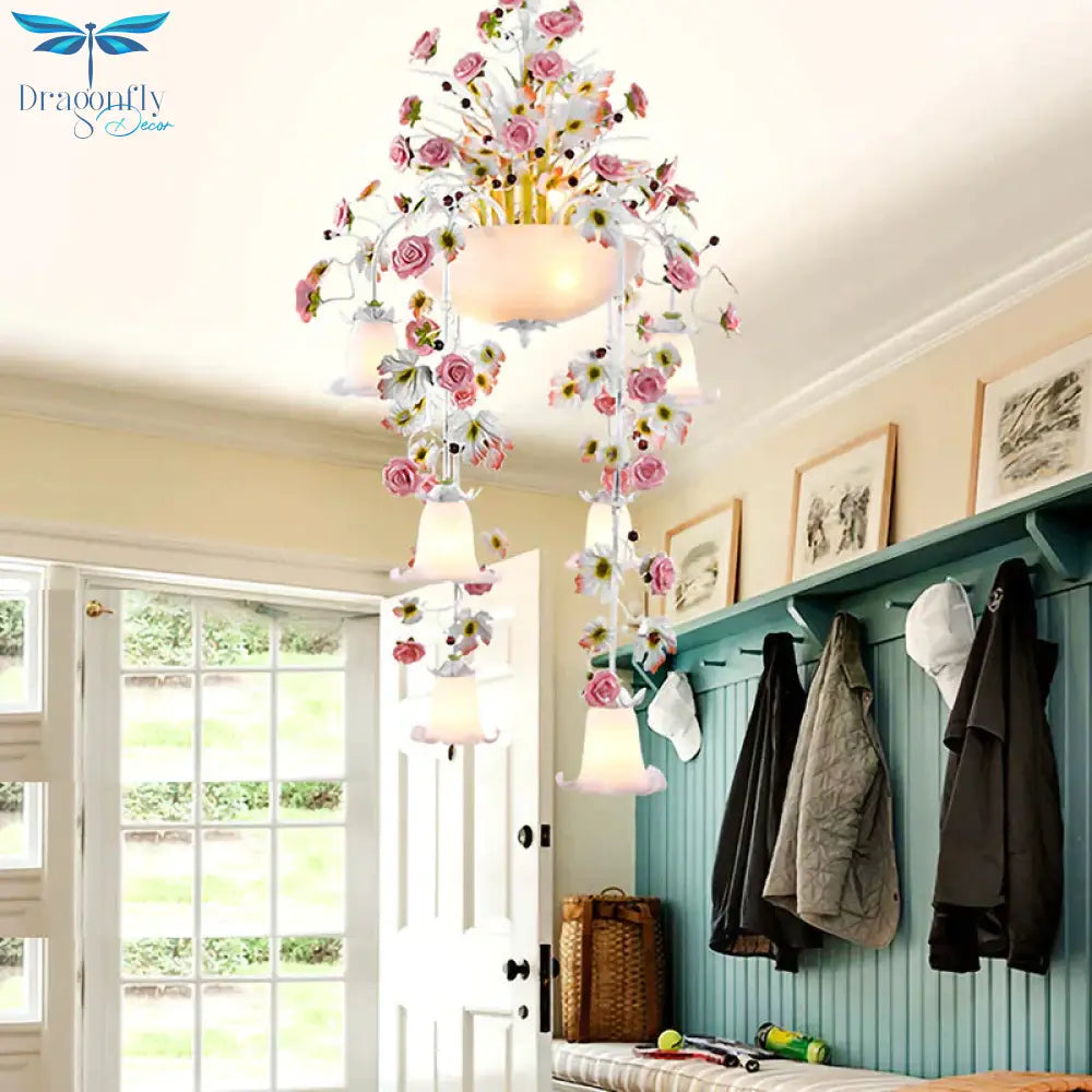 Rose White Glass Ceiling Lamp Romantic Pastoral 10 Bulbs Foyer Chandelier Lighting Fixture