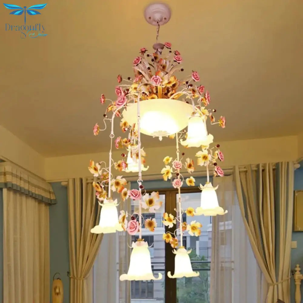 Rose White Glass Ceiling Lamp Romantic Pastoral 10 Bulbs Foyer Chandelier Lighting Fixture