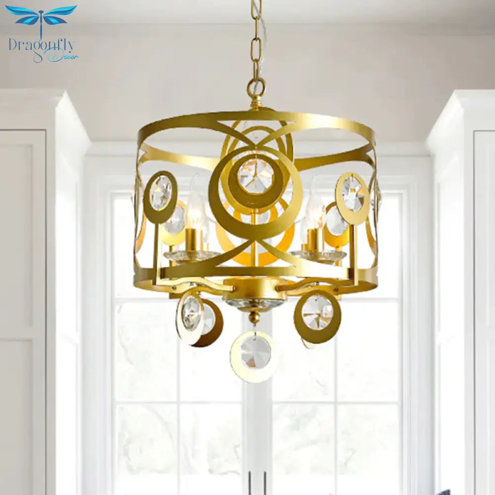 Round Bedroom Hanging Chandelier Postmodern Crystal Encrusted 4/6 Lights Gold Ceiling Pendant