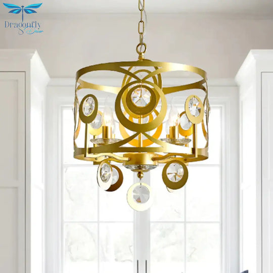 Round Bedroom Hanging Chandelier Postmodern Crystal Encrusted 4/6 Lights Gold Ceiling Pendant