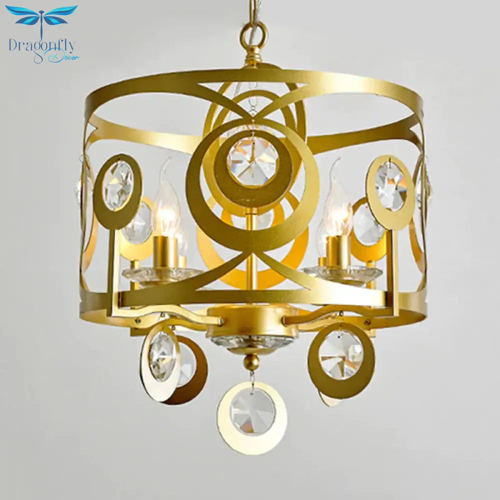 Round Bedroom Hanging Chandelier Postmodern Crystal Encrusted 4/6 Lights Gold Ceiling Pendant