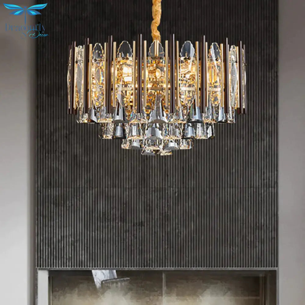 Round Ceiling Chandelier Postmodern Teardrop Crystal 7 Lights Gold Hanging Light Kit