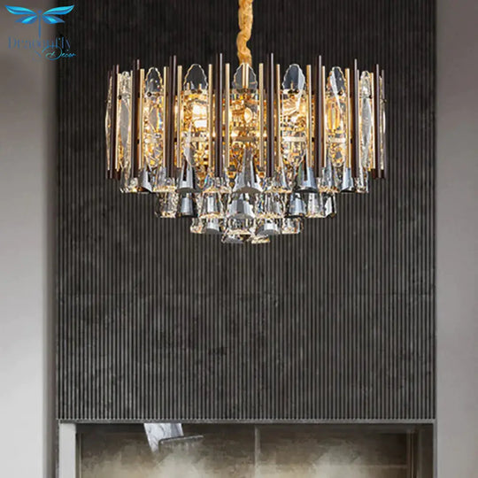 Round Ceiling Chandelier Postmodern Teardrop Crystal 7 Lights Gold Hanging Light Kit