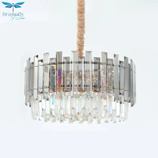 Round Clear Crystal Prisms Chandelier Lamp Modern 9 Bulbs Dinning Hall Pendant Light Kit