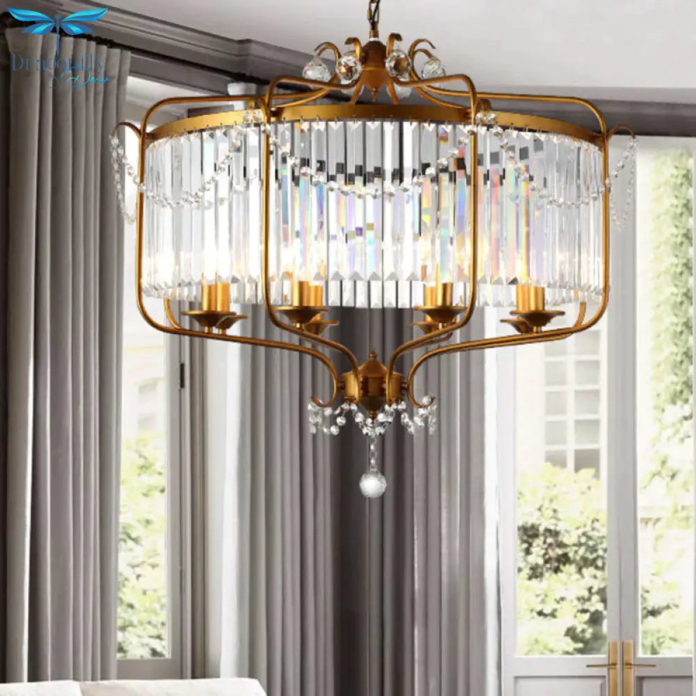 Round Crystal Chandelier Lamp Industrial Style With Wire Cage For Living Room