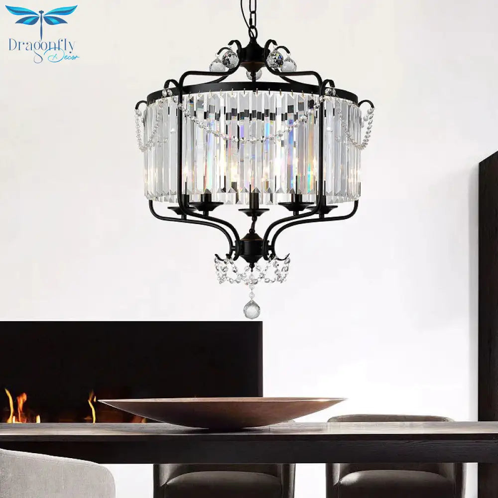 Round Crystal Chandelier Lamp Industrial Style With Wire Cage For Living Room