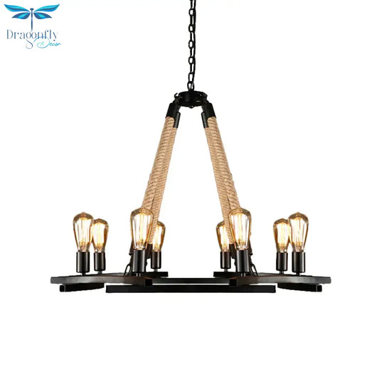 Round Metal Ceiling Lamp Traditional 8 - Bulb Dining Room Pendant Chandelier In Black