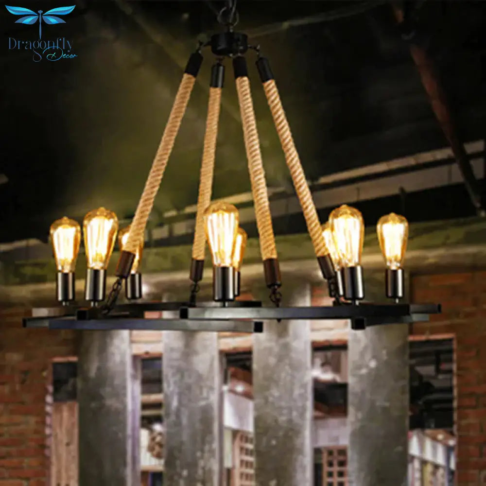 Round Metal Ceiling Lamp Traditional 8 - Bulb Dining Room Pendant Chandelier In Black