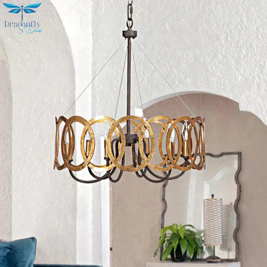 Round Metal Ceiling Light Traditional 6 - Bulb Dining Room Pendant Chandelier In Gold