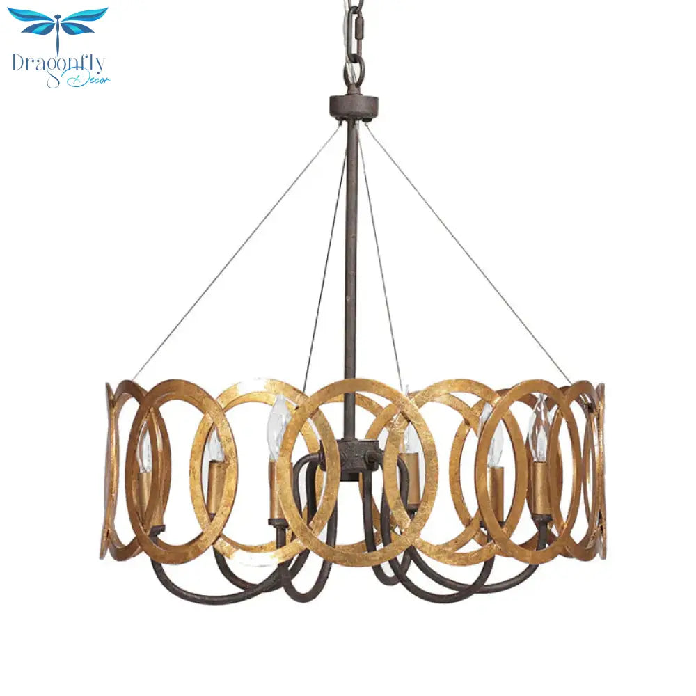 Round Metal Ceiling Light Traditional 6 - Bulb Dining Room Pendant Chandelier In Gold
