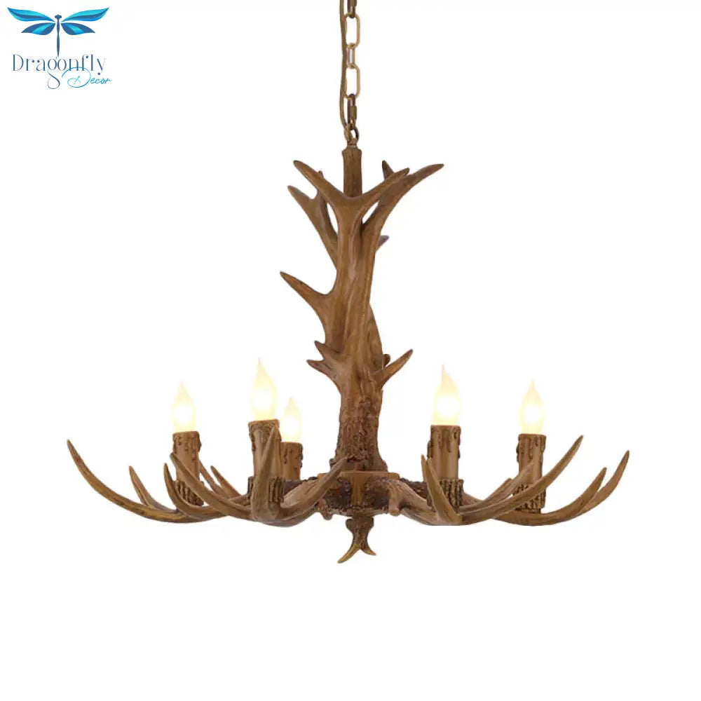 Rural Candelabra Hanging Pendant 6 Lights Resin Ceiling Chandelier In Tan For Living Room