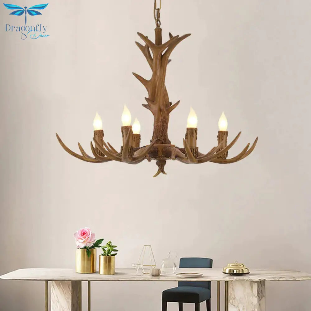 Rural Candelabra Hanging Pendant 6 Lights Resin Ceiling Chandelier In Tan For Living Room