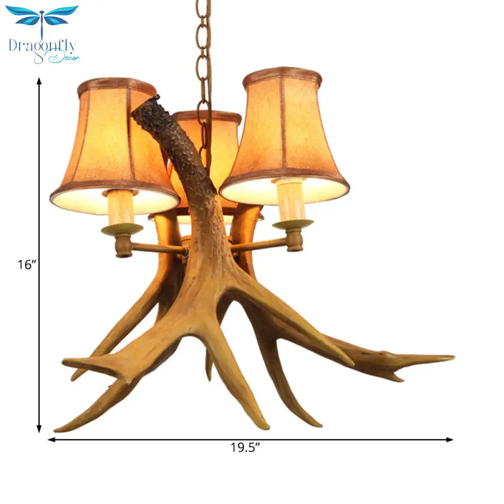 Rural Cone Hanging Lamp 3 Bulbs Fabric Chandelier Light Fixture With Deer Antler In Brown