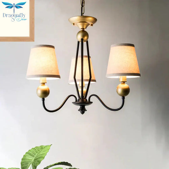 Rural Curvy Arm Hanging Pendant Light 3/6 - Head Fabric Chandelier In Black With Cone Shade