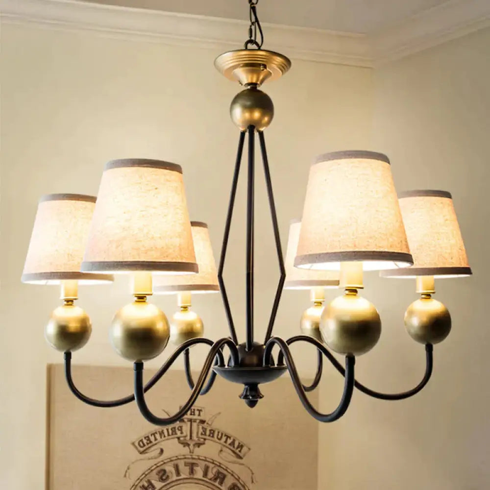 Rural Curvy Arm Hanging Pendant Light 3/6 - Head Fabric Chandelier In Black With Cone Shade 6 /