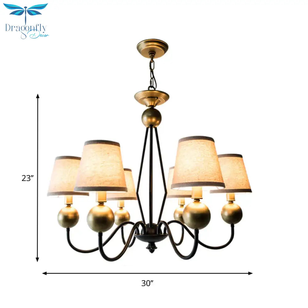 Rural Curvy Arm Hanging Pendant Light 3/6 - Head Fabric Chandelier In Black With Cone Shade