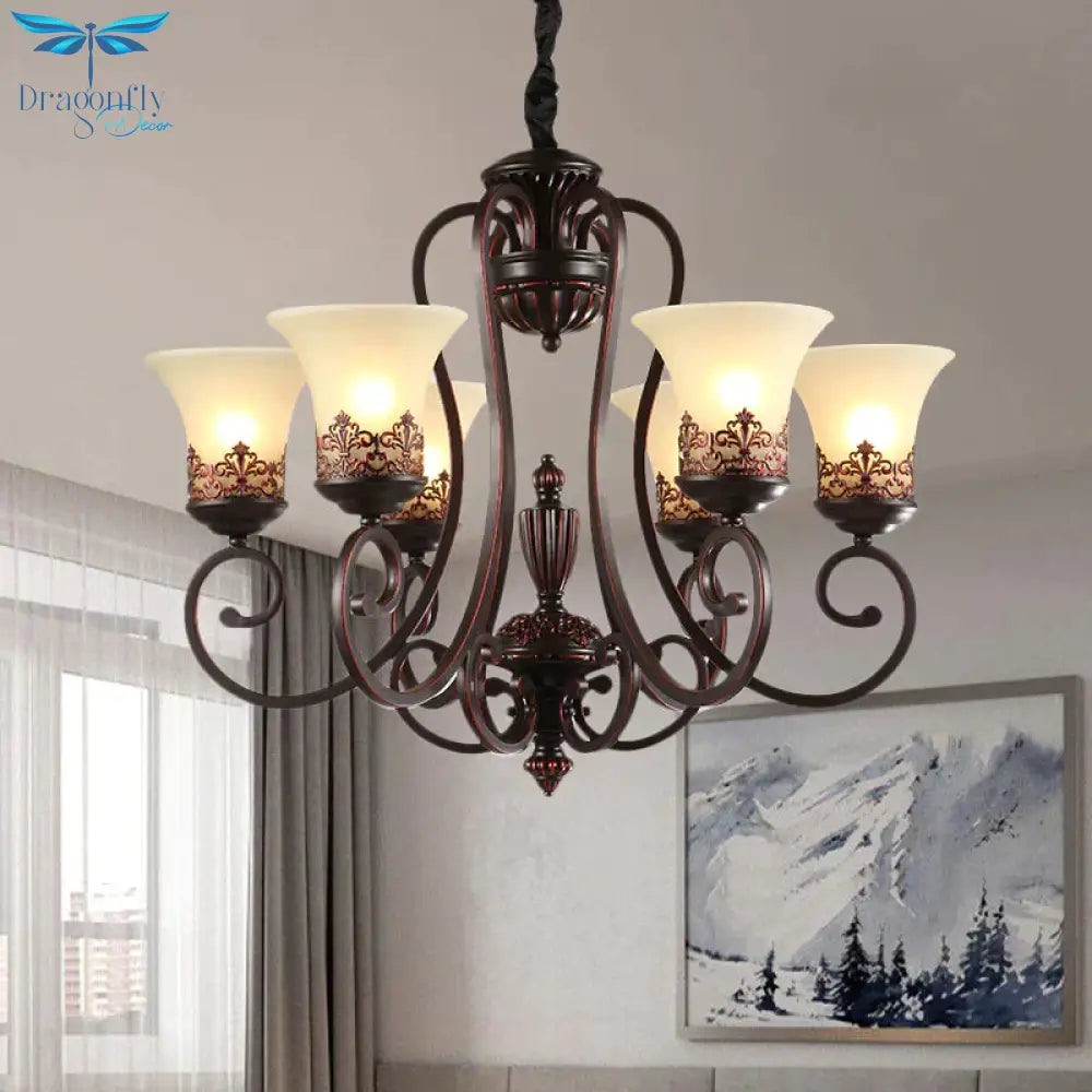 Rural Style Swirled Arm Hanging Chandelier 3/6 - Bulb Metallic Suspended Lighting Fixture In Red