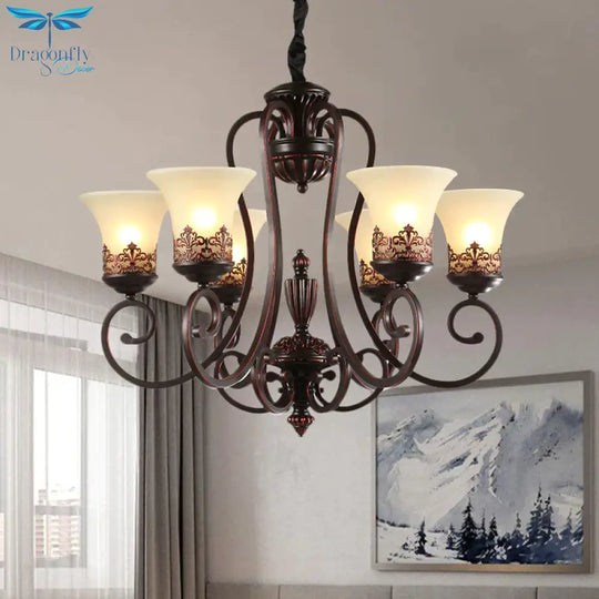Rural Style Swirled Arm Hanging Chandelier 3/6 - Bulb Metallic Suspended Lighting Fixture In Red