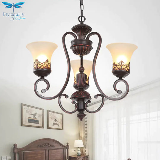 Rural Style Swirled Arm Hanging Chandelier 3/6 - Bulb Metallic Suspended Lighting Fixture In Red