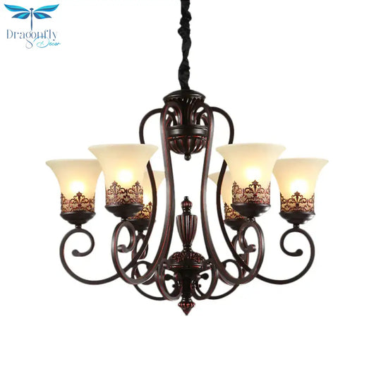 Rural Style Swirled Arm Hanging Chandelier 3/6 - Bulb Metallic Suspended Lighting Fixture In Red