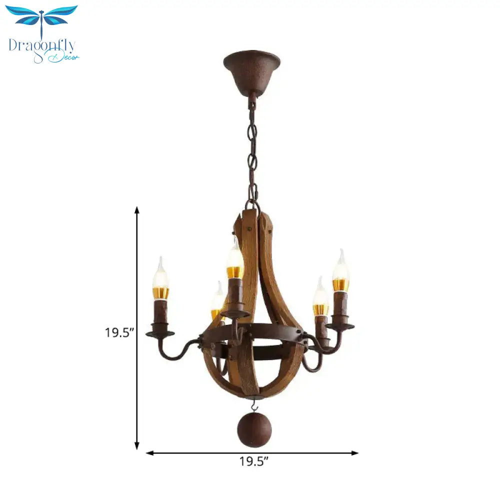 Rust 5 Lights Chandelier Lighting Rustic Wooden Basket Pendant Lamp For Restaurant 16.5’/19.5’ Wide