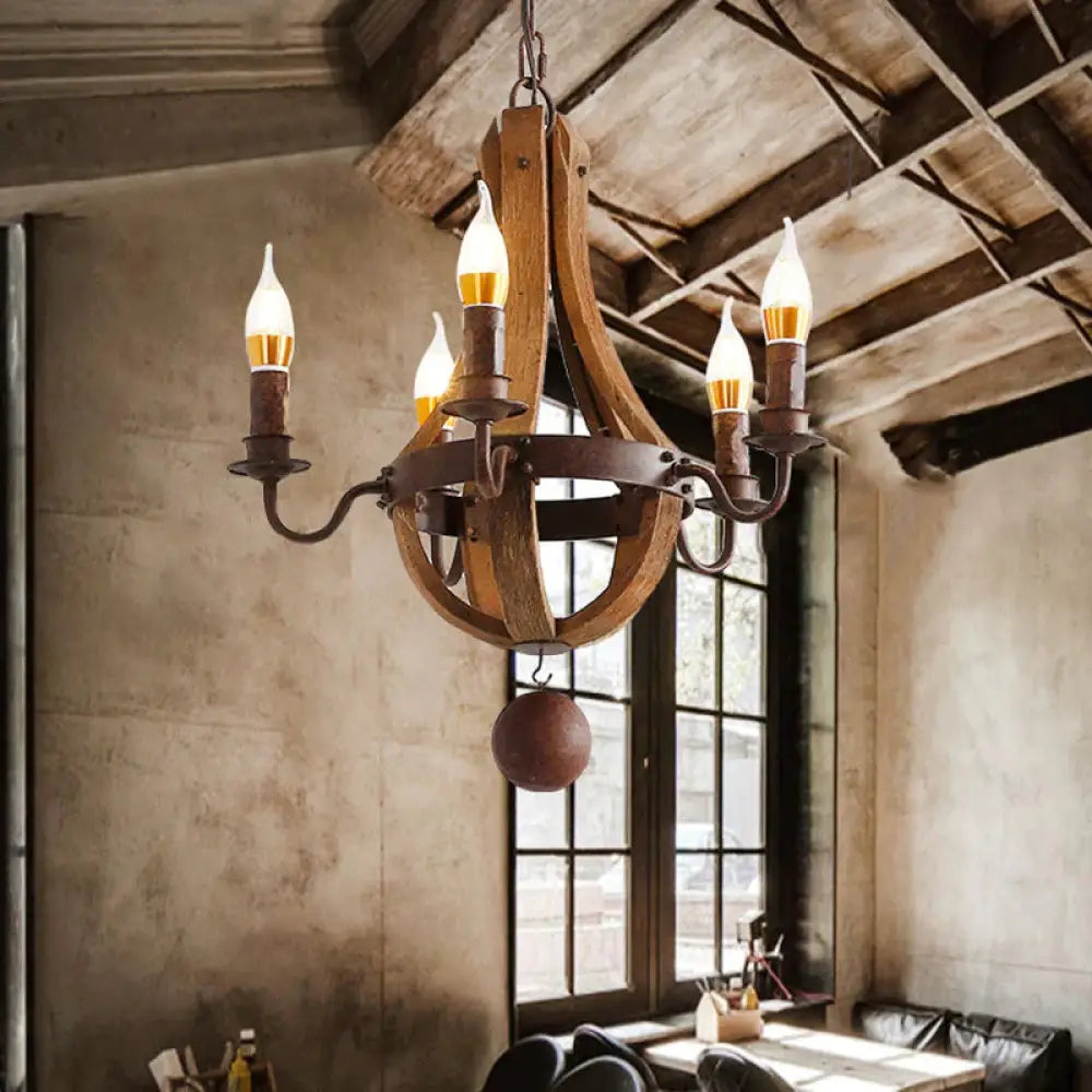 Rust 5 Lights Chandelier Lighting Rustic Wooden Basket Pendant Lamp For Restaurant 16.5’/19.5’