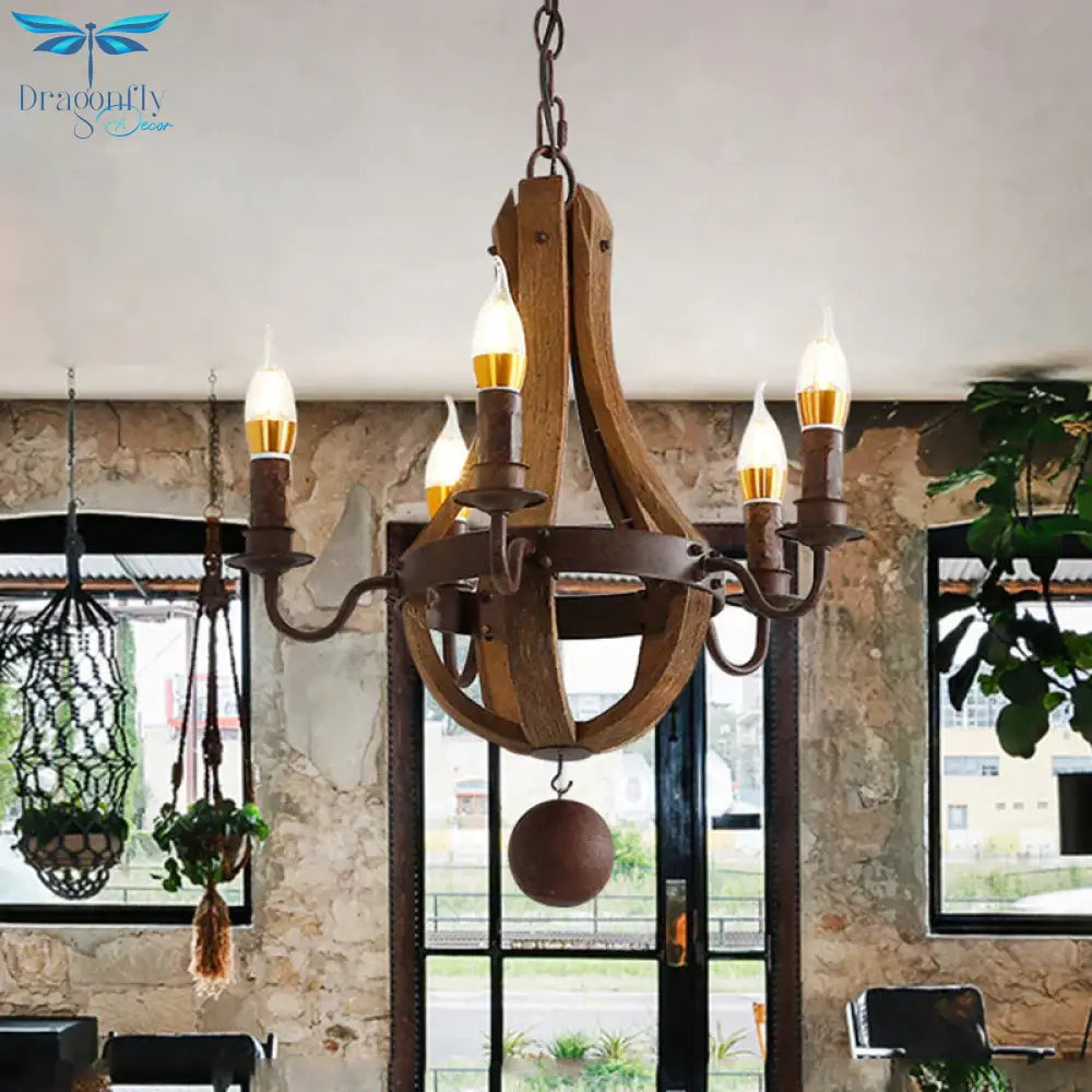 Rust 5 Lights Chandelier Lighting Rustic Wooden Basket Pendant Lamp For Restaurant 16.5’/19.5’ Wide