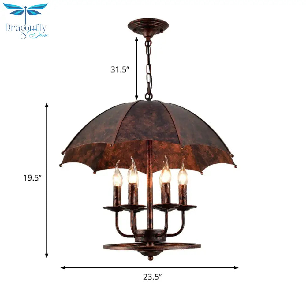 Rust Candle Suspension Light With Umbrella Shade 6 Lights Metallic Pendant Lamp For Boutique