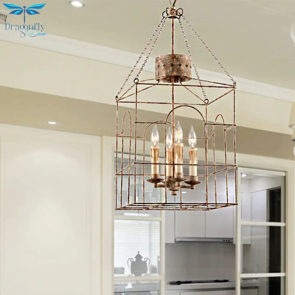 Rust Rectangular Pendant Chandelier Rural Metal 4 Heads Dining Room Hanging Ceiling Light