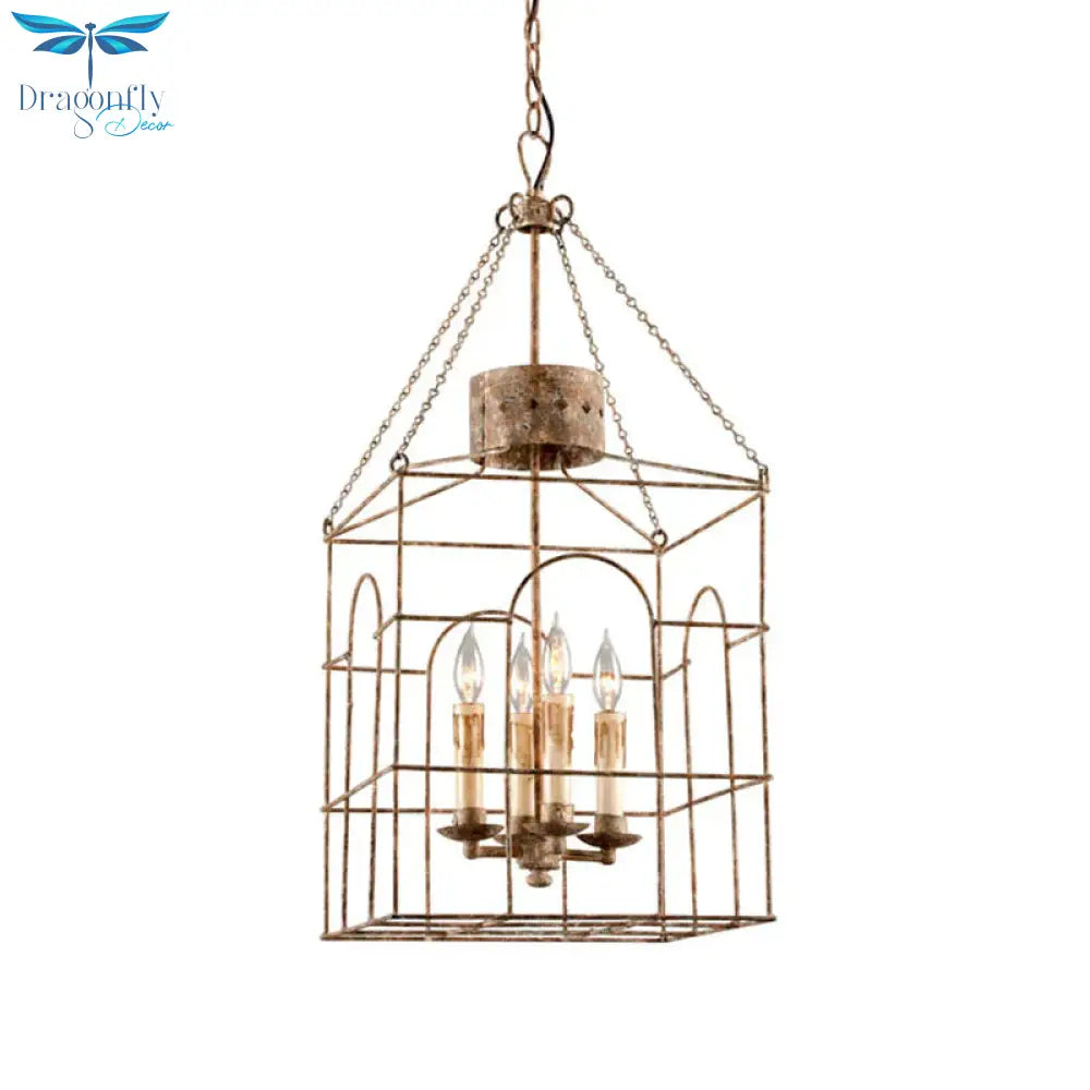 Rust Rectangular Pendant Chandelier Rural Metal 4 Heads Dining Room Hanging Ceiling Light