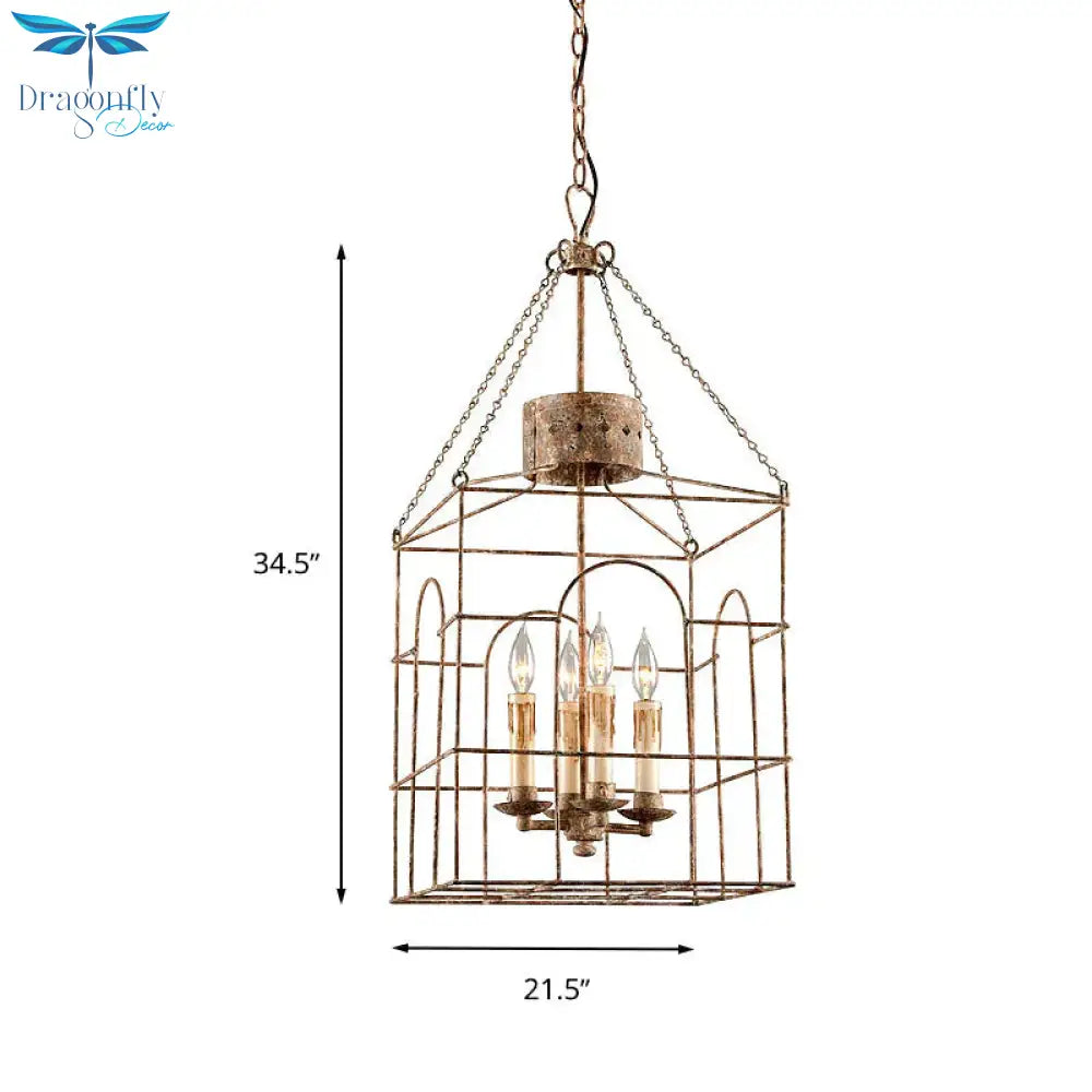 Rust Rectangular Pendant Chandelier Rural Metal 4 Heads Dining Room Hanging Ceiling Light
