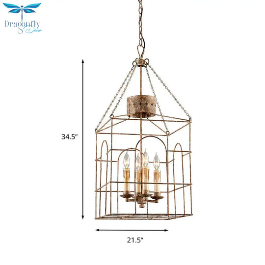 Rust Rectangular Pendant Chandelier Rural Metal 4 Heads Dining Room Hanging Ceiling Light